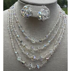 Vintage Multi-strand Necklace & Clip On Earrings Set AB Crystal